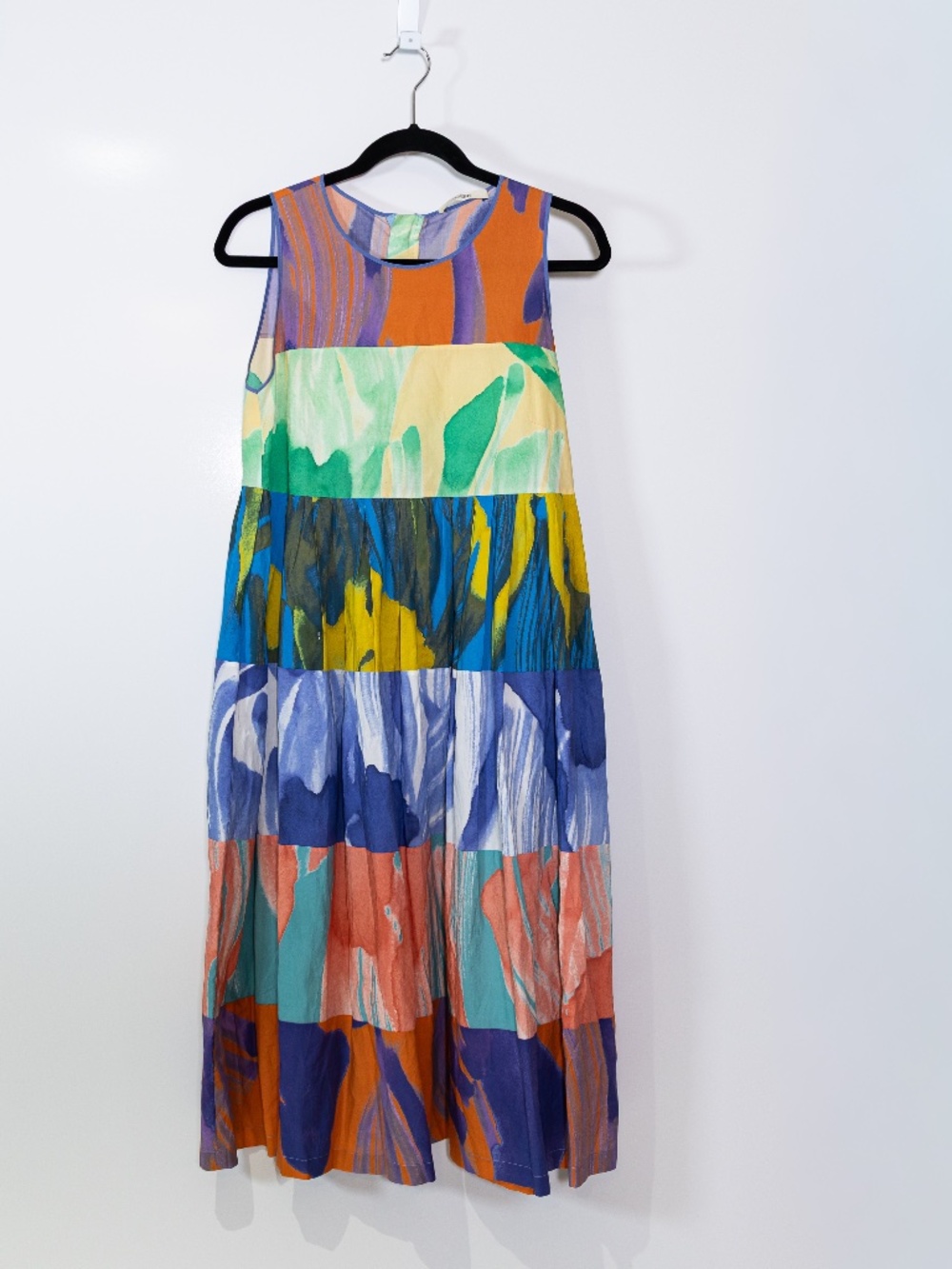 Odeeh Made In Italy Cotton Scoop Neck Sleeveless Tiered Midi Printed Dress Small